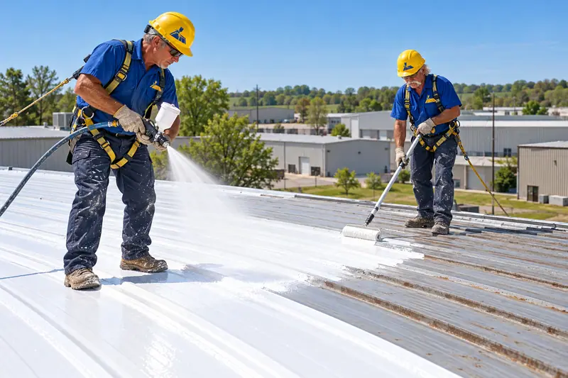 Crew in logo uniforms coating a commercial metal roof