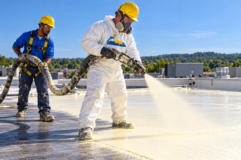 Crew spraying polyurethane foam on a commercial roof
